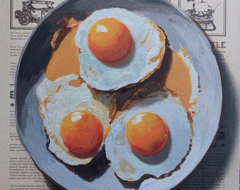 egg toast paintimg, Acrylic painting on newspaper, Fried eggs on newspaper, Plate of eggs, Kitchen Art, Tasty art, Gastronomy