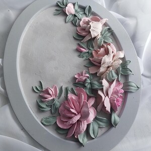 May include: Oval, gray decorative tray with raised floral design. The flowers are pink and the leaves are green. The tray is approximately 12 inches in diameter.
