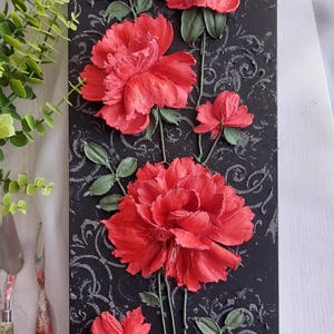 red 3D flowers on a black background, 3D roses, sculptural plaster painting, flowers with decorative plaster, wall decor, volumetric flowers