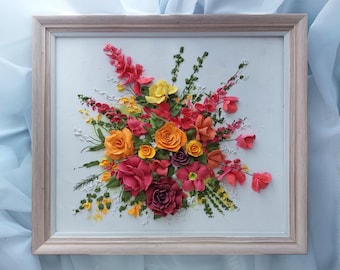 Colorful Sculpture Painting, 3D Floral Wall Art with Textured Flowers, Handmade Plaster Relief Artwork, Wedding bouquet 3d