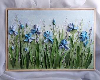 3D Iris Wandkunst, skulpturale Blumenmalerei, florales Kunstwerk, Gipsreliefplatte, blaue Irisdekor, handgemachte botanische Wandkunst