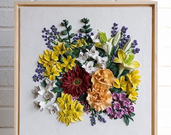 Decorazione murale floreale 3D con texture, rose e fiori selvatici con texture, ordine personalizzato per la casa.