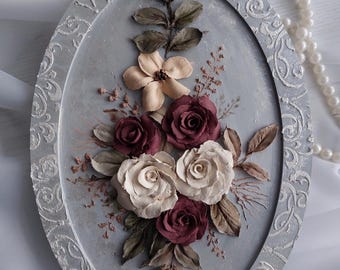 Sculptural painting, 3d plaster flowers, panels with decorative plaster, three-dimensional painting, plaster roses, stucco molding,impasto