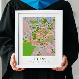 Impression de carte de campus d'art mural de l'Université du Mississippi | Cadeau Oxford MS College | Décoration Miss Ole | Poster carte de l'université