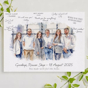 Könnte beinhalten: Aquarellporträt von sechs Personen, vermutlich Kollegen, mit handgeschriebenen Abschiedsbotschaften. Der Text lautet "Goodbye, Rowan Skye - 18 August 2025" und "You made work feel like home."