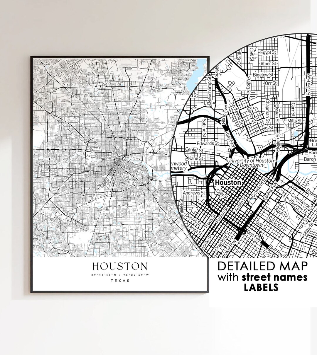 Houston City Map Poster With Street Name Labels A Stylish Etsy