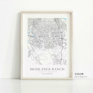 May include: A black and white map print of Highlands Ranch, Colorado. The map shows the streets and roads of the city. The text "Highlands Ranch" is printed at the bottom of the map, along with the coordinates "39°32'31" N / 104°58'15" W".