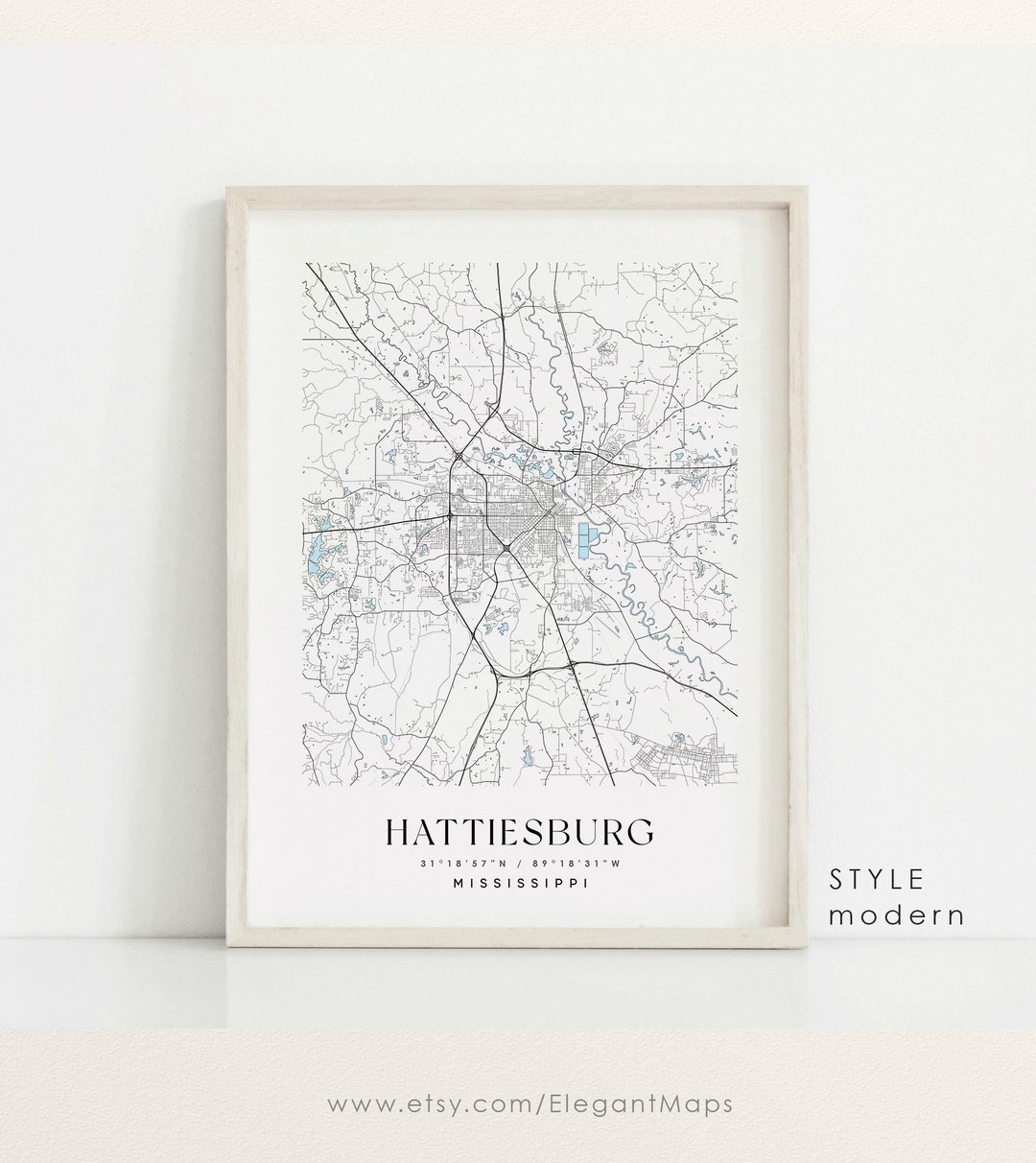Hattiesburg Mississippi Map, Hattiesburg MS Map, Hattiesburg City Print