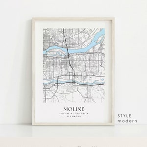 May include: A black and white map of Moline, Illinois, with a light blue river running through it. The map is framed in a white frame and has the text "Moline, Illinois, 41°29'08"N / 90°29'59"W" printed below the map. The text "Style: modern" is printed in the bottom right corner of the image.