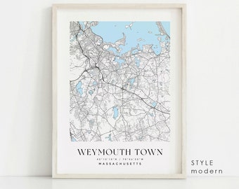 Weymouth Town Massachusetts map, Weymouth Town MA map, Weymouth Town city print, Weymouth Town poster, Custom city map, Wall Art