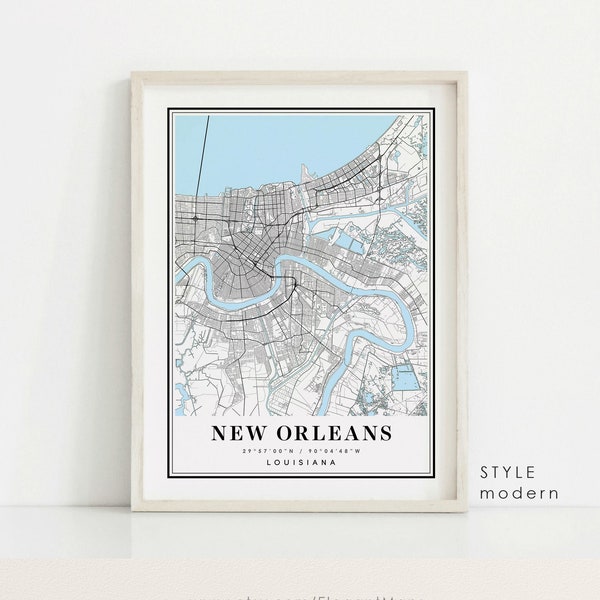 New Orleans Louisiana map, New Orleans LA map, New Orleans city map, New Orleans print, New Orleans poster, New Orleans art, New Orleans map