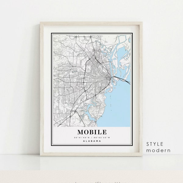 Mobile Alabama map, Mobile AL map, Mobile city map, Mobile print, Mobile poster, Mobile art, Mobile map, Custom map prints