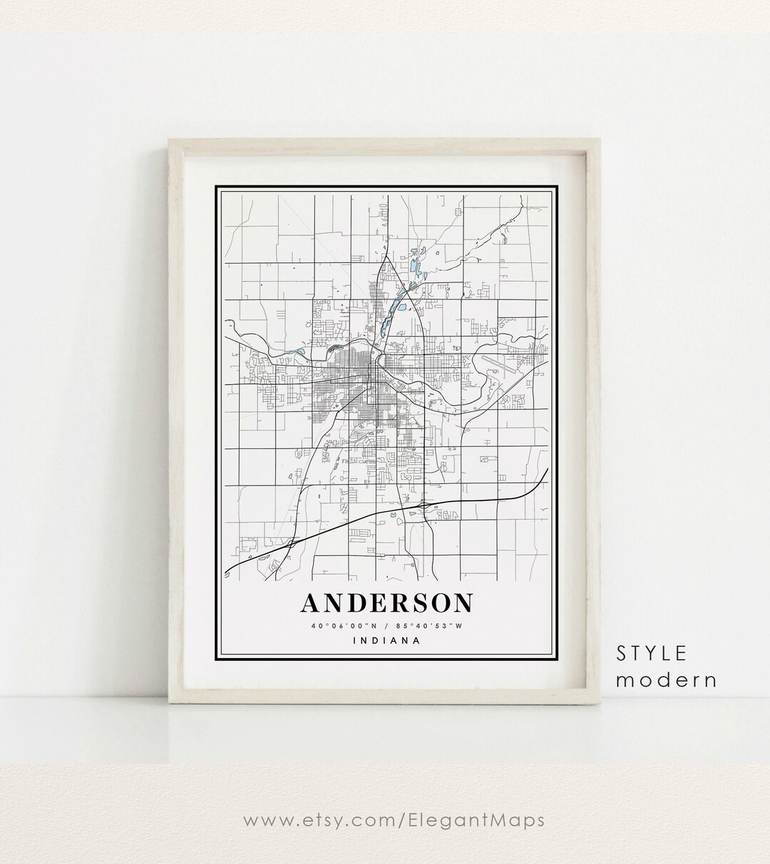 Anderson Indiana Map Anderson IN Map Anderson City Map Etsy