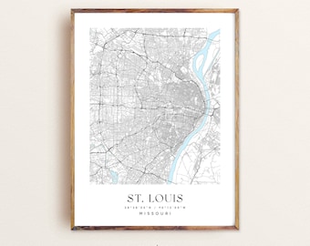 May include: A black and white map of St. Louis, Missouri with the city's name and coordinates printed in light blue. The text "modern" is printed below the map.