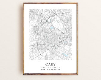 Cary North Carolina Map Art Print: Custom Cityscape Wall Decor