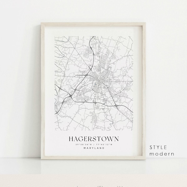 Hagerstown Maryland map, Hagerstown MD map, Hagerstown city print, Hagerstown poster, Hagerstown art, Custom city map, Wall Art