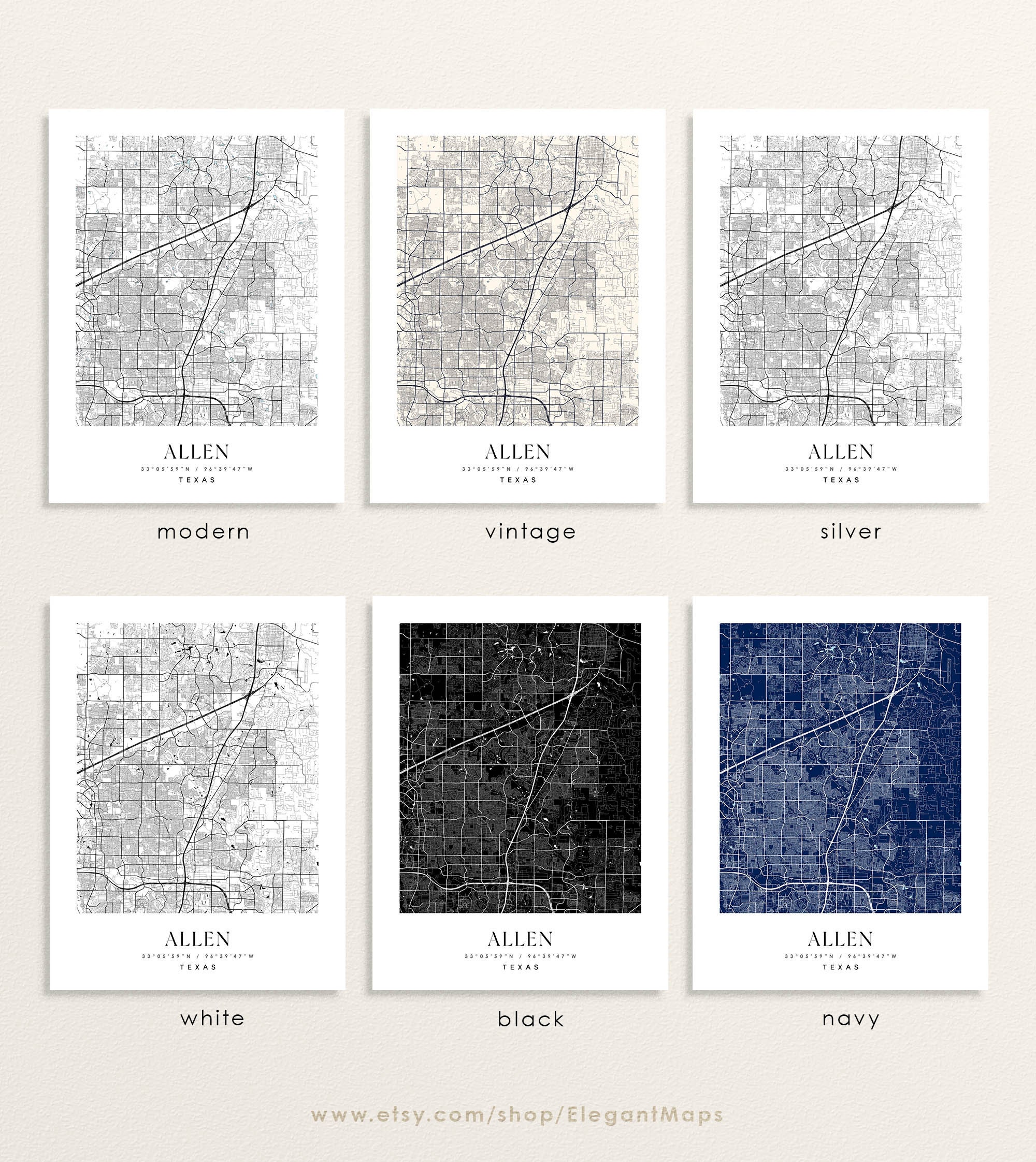 Allen Texas map Allen TX map Allen city print Allen poster Etsy
