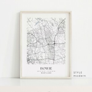 May include: A black and white map print of Bowie, Maryland with the city name and coordinates in the bottom right corner. The style is modern.