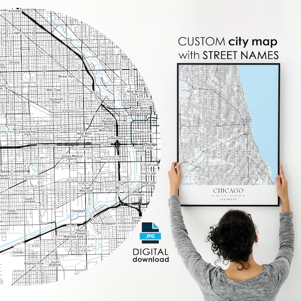 Custom Map with Street Names, Any City Custom Map Poster, Personalized Map, Any Town, Large Map, Your City, Custom City, Digital Download