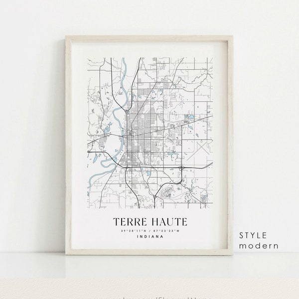 Terre Haute Indiana map, Terre Haute IN map, Terre Haute city print, Terre Haute poster, Terre Haute art, Custom city map, Wall Art