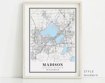 Madison Wisconsin Map Print, Black and White Minimalist Art