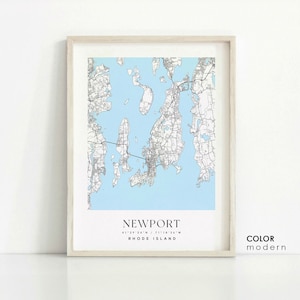 May include: A black and white map of Newport, Rhode Island, with a light blue background. The map shows the city's streets, waterways, and landmarks. The text "NEWPORT" and "RHODE ISLAND" is printed below the map.