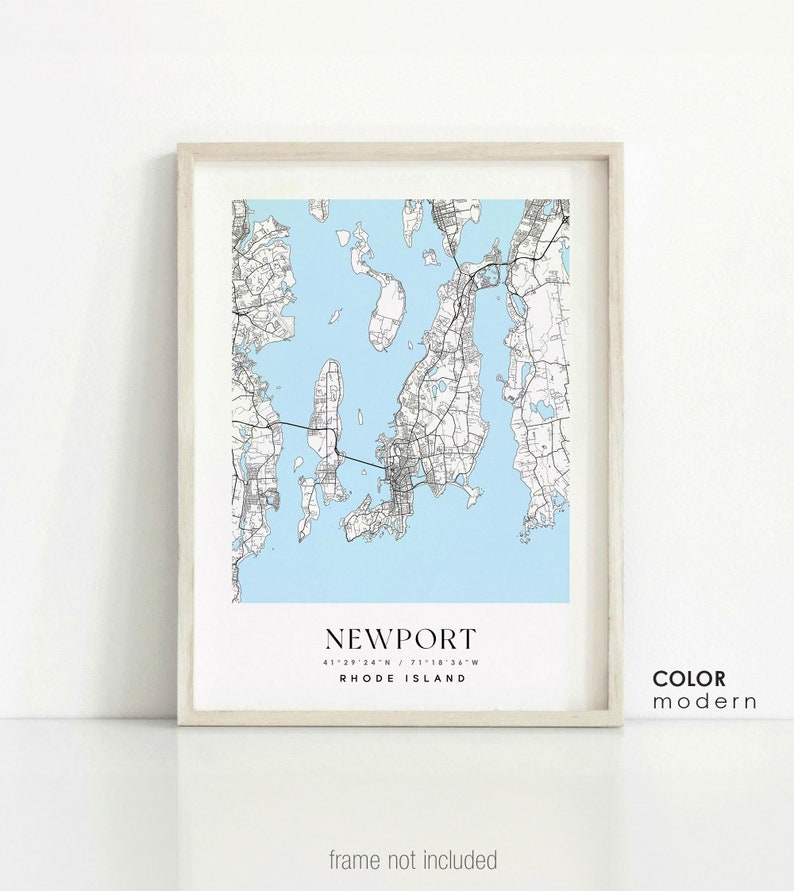 May include: A black and white map of Newport, Rhode Island, with a light blue background. The map shows the city's streets, waterways, and landmarks. The text "NEWPORT" and "RHODE ISLAND" is printed below the map.
