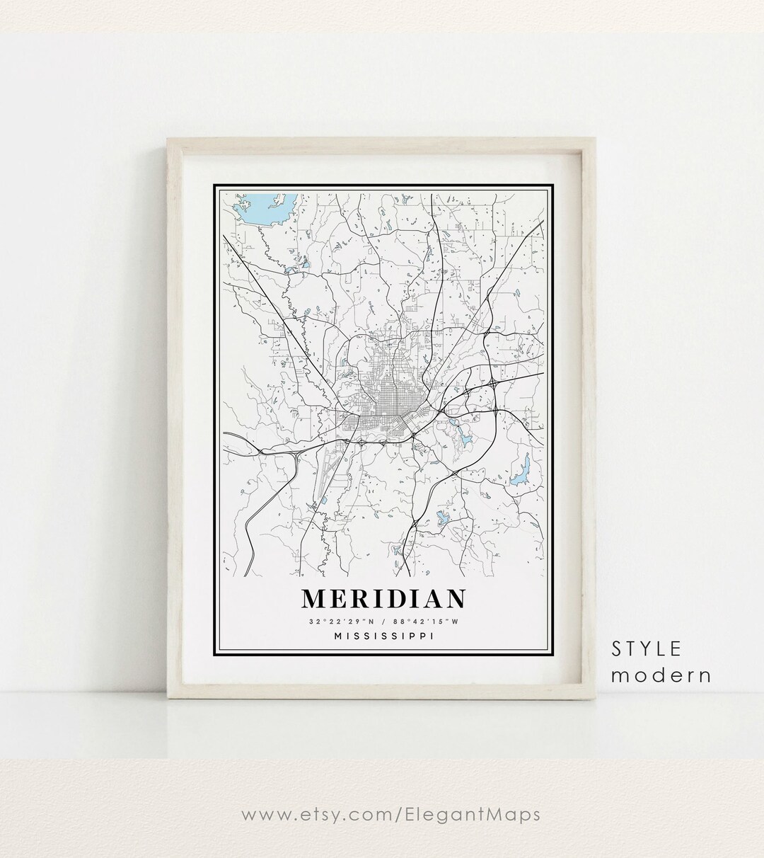 Meridian Mississippi Map Meridian MS Map Meridian City Map Etsy