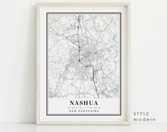 Nashua New Hampshire map, Nashua NH map, Nashua city map, Nashua print, Nashua poster, Nashua art, Nashua map, Custom city map