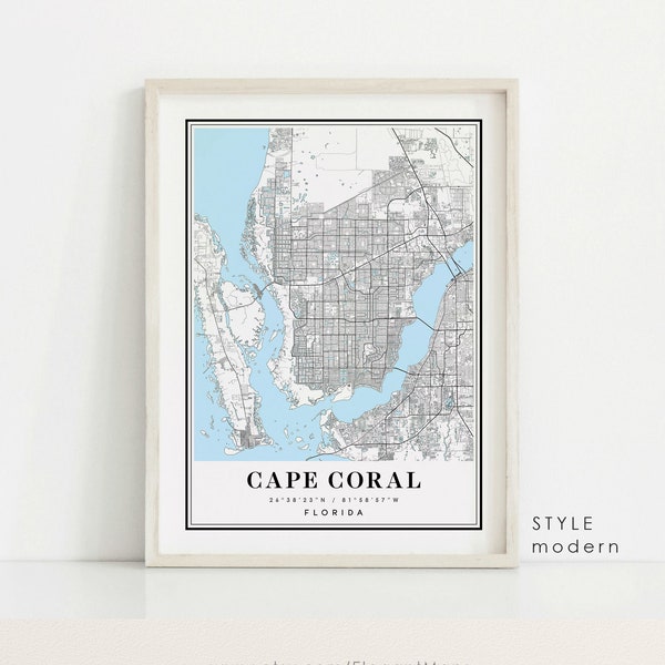 Cape Coral Florida map, Cape Coral FL map, Cape Coral city map, Cape Coral print, Cape Coral poster, Cape Coral art, Cape Coral map