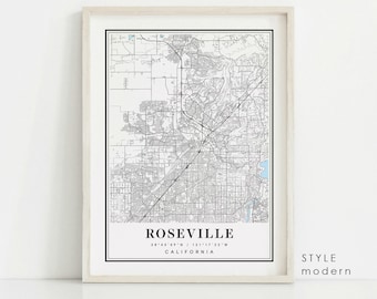 Roseville California map, Roseville CA map, Roseville city map, Roseville print, Roseville poster, Roseville art, Roseville map, Custom map