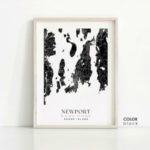 May include: Black and white map print of Newport, Rhode Island. The map shows the city streets and coastline. The text "NEWPORT" and "RHODE ISLAND" are printed below the map.