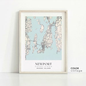 May include: A vintage style map print of Newport, Rhode Island. The map shows the city's streets and waterways in black and white on a light blue background. The text "NEWPORT" and "RHODE ISLAND" is printed below the map.