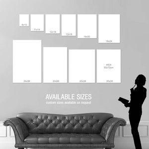 May include: A display of various blank canvas sizes, including 8x10 inches, 11x14 inches, and 24x36 inches, against a gray wall. Text indicates "AVAILABLE SIZES" and "custom sizes available on request."