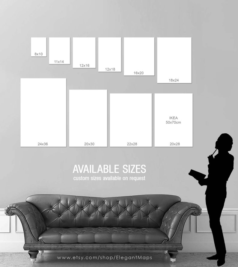 May include: A display of various blank canvas sizes, including 8x10 inches, 11x14 inches, and 24x36 inches, against a gray wall. Text indicates "AVAILABLE SIZES" and "custom sizes available on request."
