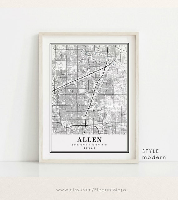 Allen Texas Map Allen TX Map Allen City Map Allen Print Etsy