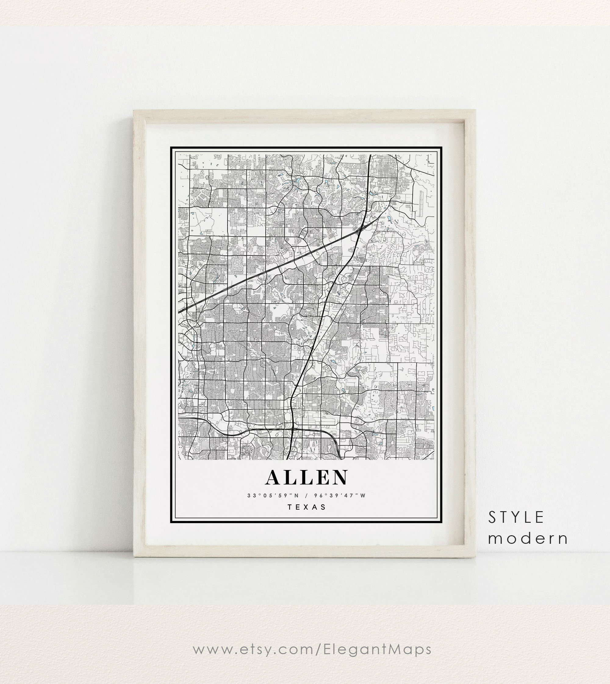 Allen Texas Map Allen TX Map Allen City Map Allen Print Etsy