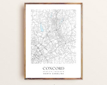 Concord North Carolina map, Concord NC map, Concord city print, Concord poster, Concord art, Custom city map, Wall Art