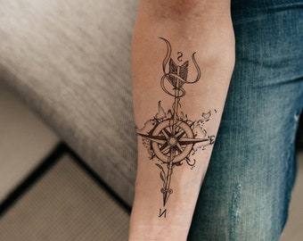 Compass fake tattoo | World Map Tattoo | Hand Drawn Fine Line Tattoos | Custom Temporary Tattoos