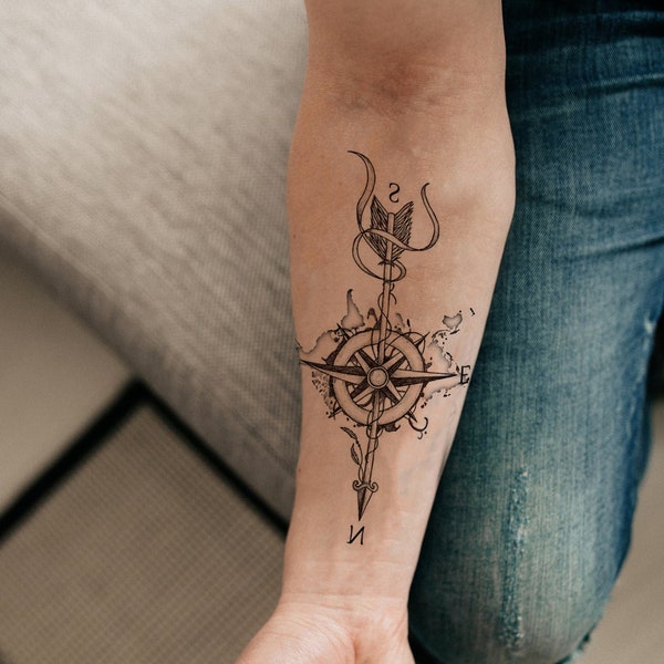 Compass fake tattoo | World Map Tattoo | Hand Drawn Fine Line Tattoos | Custom Temporary Tattoos