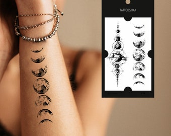 2 Temporary Tattoo Moon and Planets | space temporary tattoo | Women temporary tattoo | Black tattoo | solar system tattoo