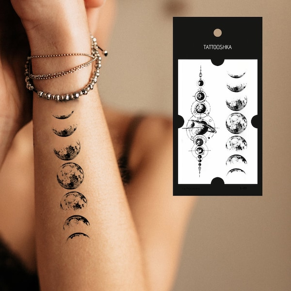 Temp Tattoo Moon and Planets | Outer space temporary tattoo | Women temp tattoo | Black and white tattoo female wrist