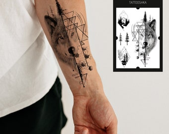 Poignet de tatouage temporaire | tatouage temporaire loup et forêt | tatouage temporaire moderne | tatouage temporaire nature