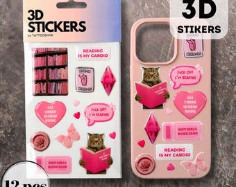 Book Lover 3D Puffy Stickers – Reading Sticker Pack, Pink Phone Case Stickers, Cat Reading, Book Club Gift, Stocking Stuffer