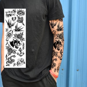 Traditional Temporary Tattoo Sheet, Old School Flash Fake Tattoos, Patchwork Tattoo Set, Black Waterproof Tattoos for Men Women