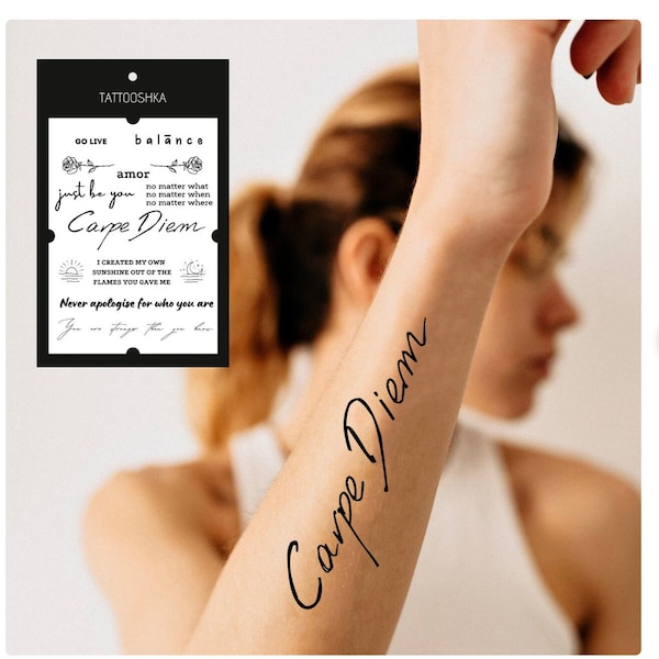 Carpe Diem Tatouage temporaire (Ensemble de 13) | Mot faux tatouage | Tatouage temporaire pour femme