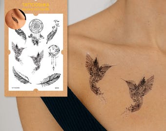 Tatuajes temporales de atrapasueños y plumas | Set de tatuajes bohemios | Tatuaje de colibrí con mandala | Tatuaje falso para mujer | Arte corporal bohemio