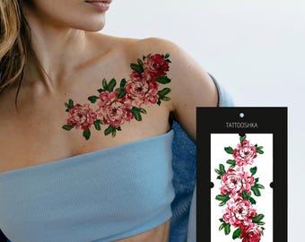 Pink Peony Temporary Tattoo Set | Floral Watercolor Flower Tattoo | Elegant Fake Tattoo for Women
