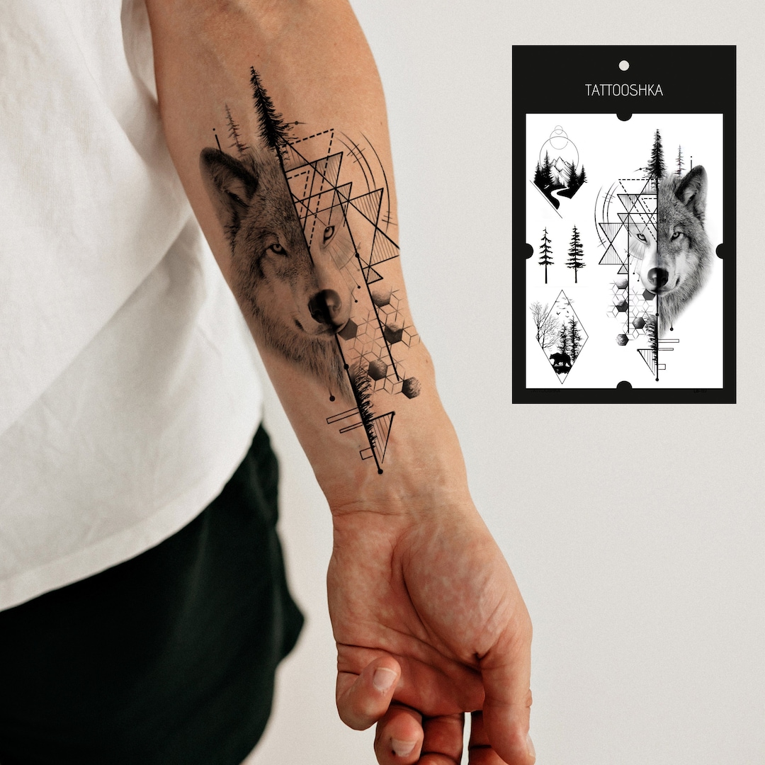 Temporary Tattoo Wrist Temporary Tattoo Wolf and Forest Tattoo Temporary Modern Nature Temporary