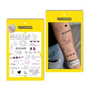 May include: A sheet of temporary tattoos featuring various designs and text related to the K-pop group BTS. The designs include hearts, a whale, a planet, and the words "Love Yourself", "Never Mind", "Moonchild", "Dynamite", "Euphoria", "Army", and "Microcosmos".